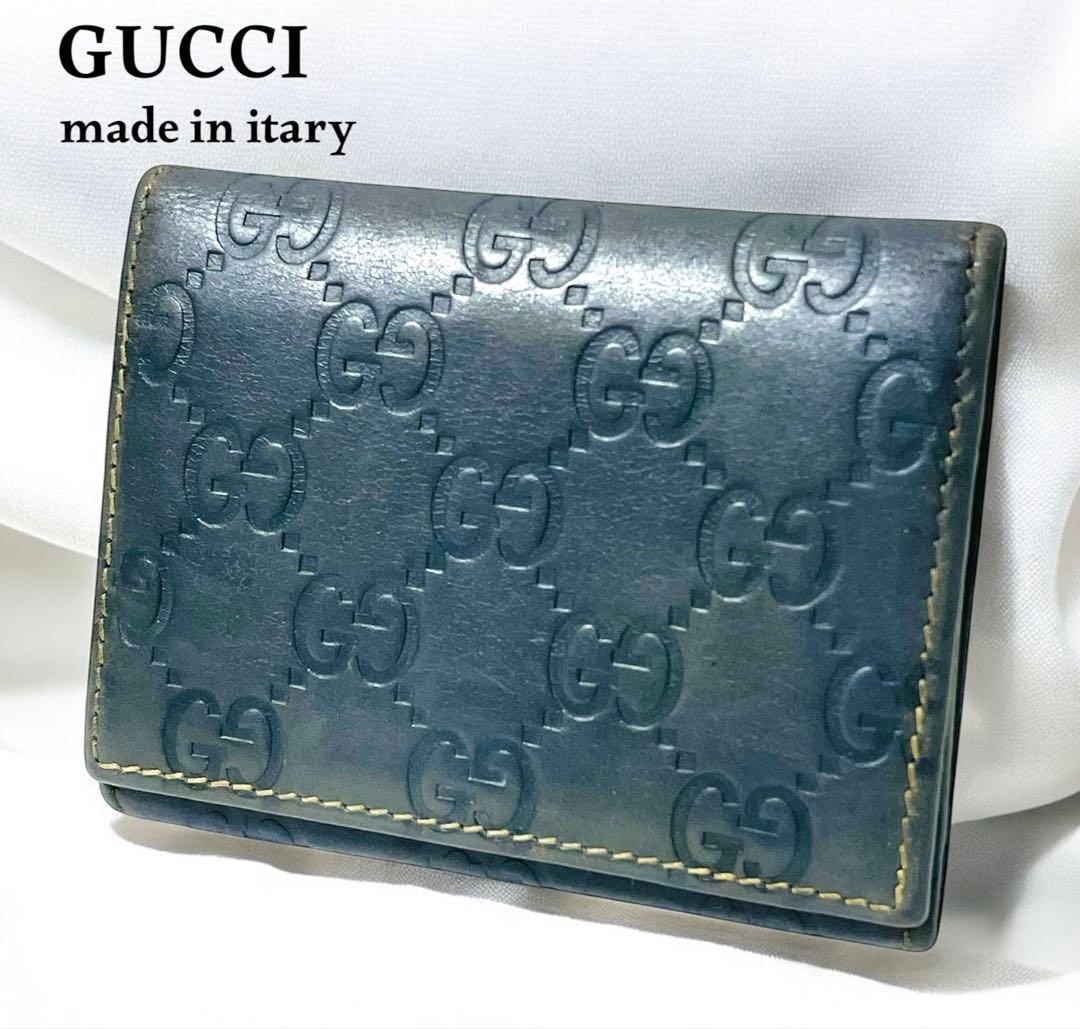 美品☆GUCCI シマ　GG柄　カードケース　名刺入れ　二つ折り　ダークグレー