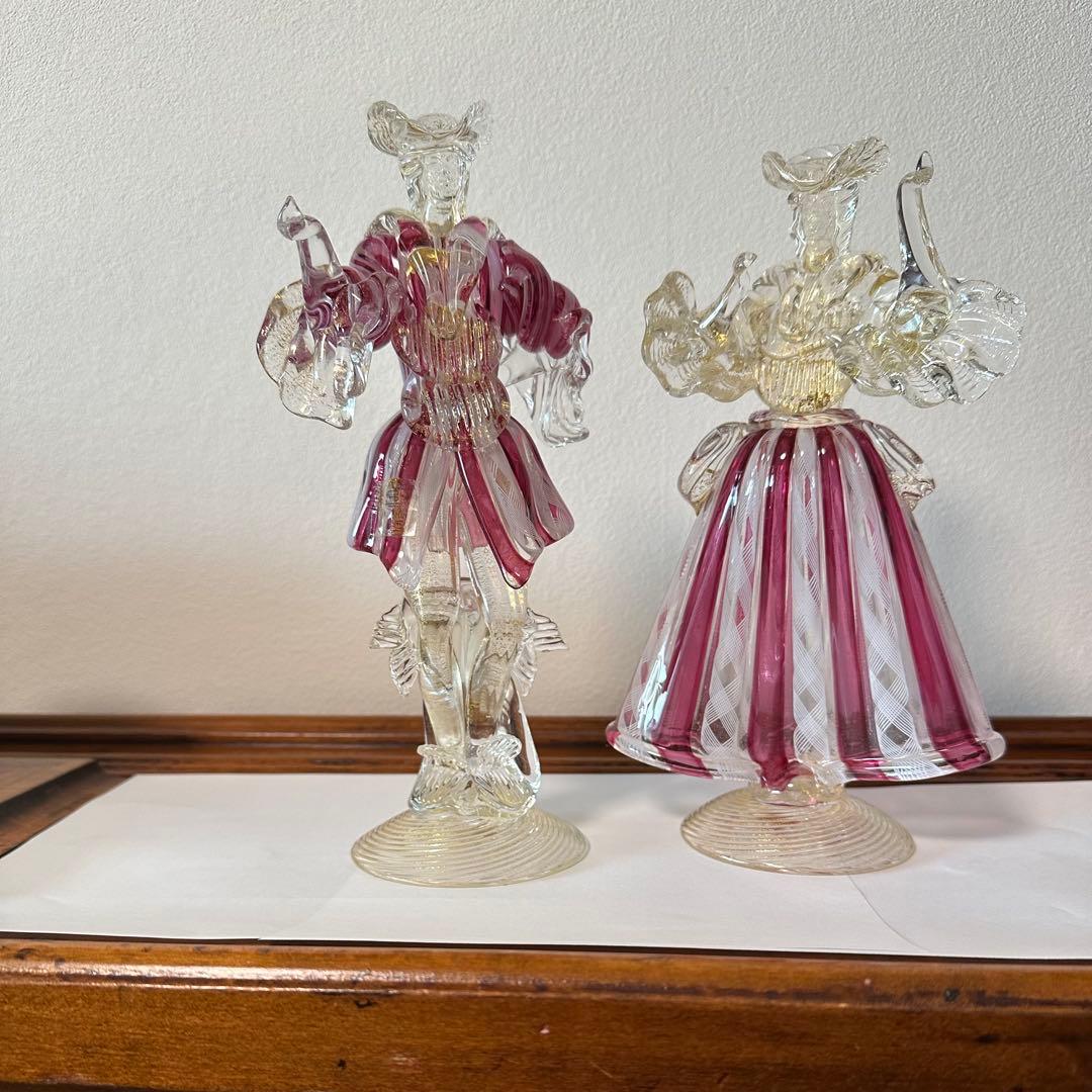 ☆ムラーノ☆ベネチアングラス☆バラリンレース／金彩☆大型 フィギュリン☆2体☆