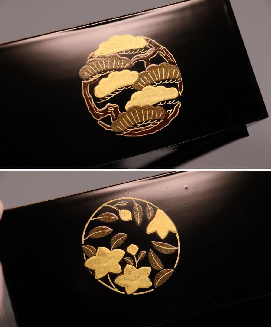 漆芸 木製漆器 丸に草花図 金蒔絵 二段重 重台 黒塗 朱塗 重箱【MA171】