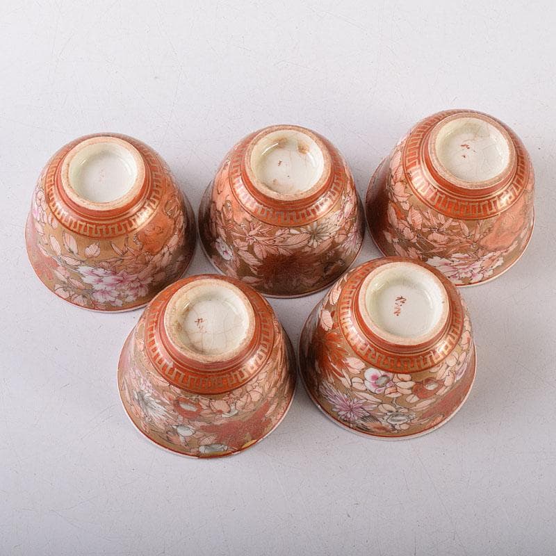 九谷焼　古九谷　赤絵金彩　花鳥文　煎茶碗　五客　D　R8651