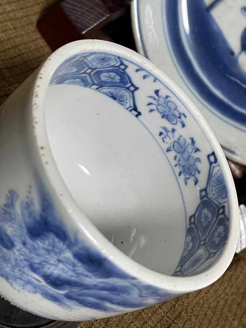 古平戸焼 染付 松竹に龍虎の図 蓋付湯呑 み茶碗 茶道具 江戸時代