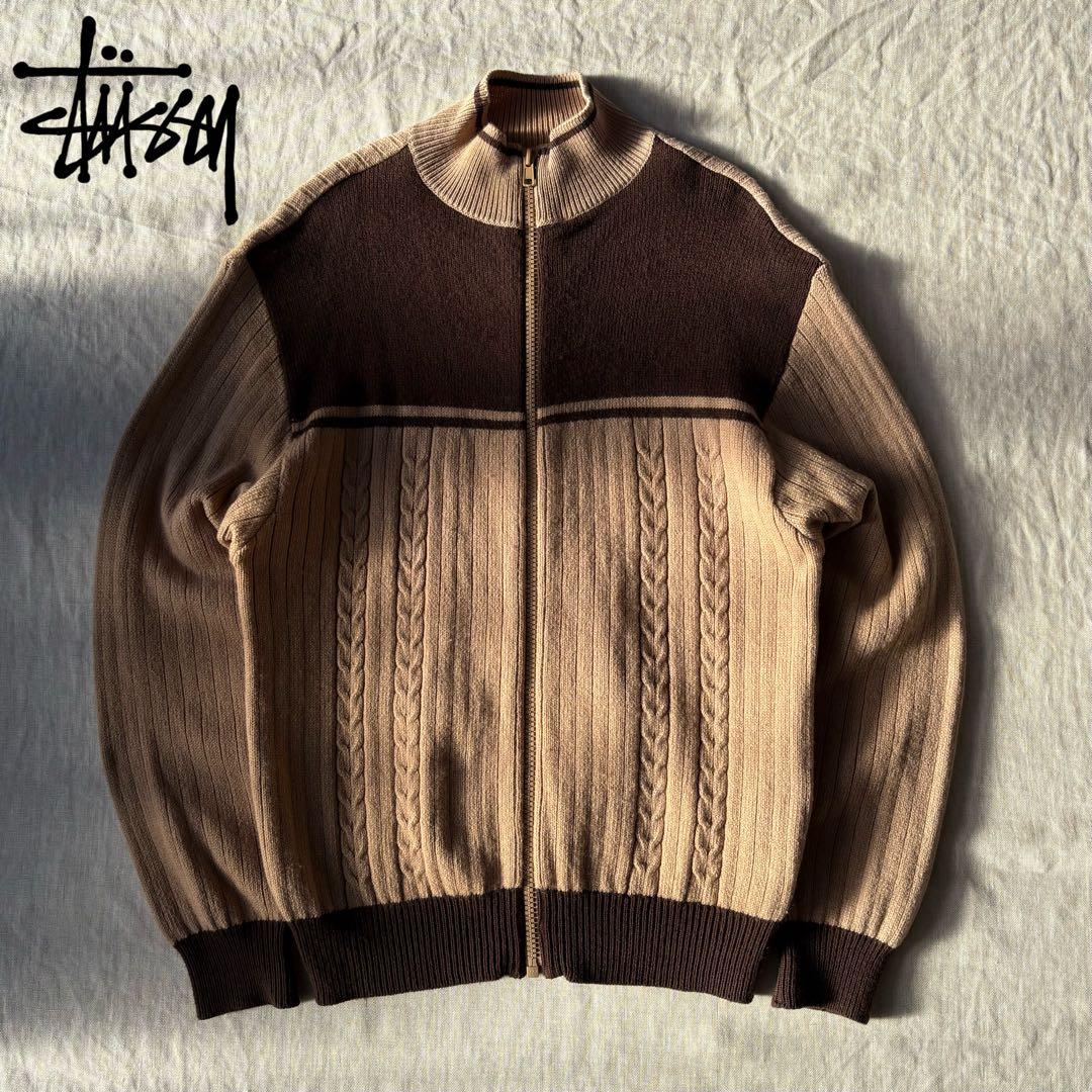 【希少】OLD STUSSY バイカラー ジップニット ブラウン ベージュ M
