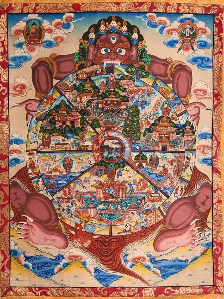 【仏】　★ 仏教 彩絵六道輪廻図掛軸 ★　清朝期　曼荼羅 刺繍表装　布本仏画