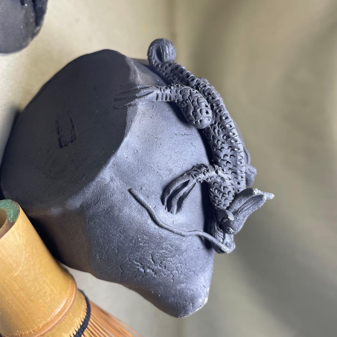 時代 備前双龍宝瓶　炭化青備前 窯変 双竜　手造　煎茶道具　備前焼 急