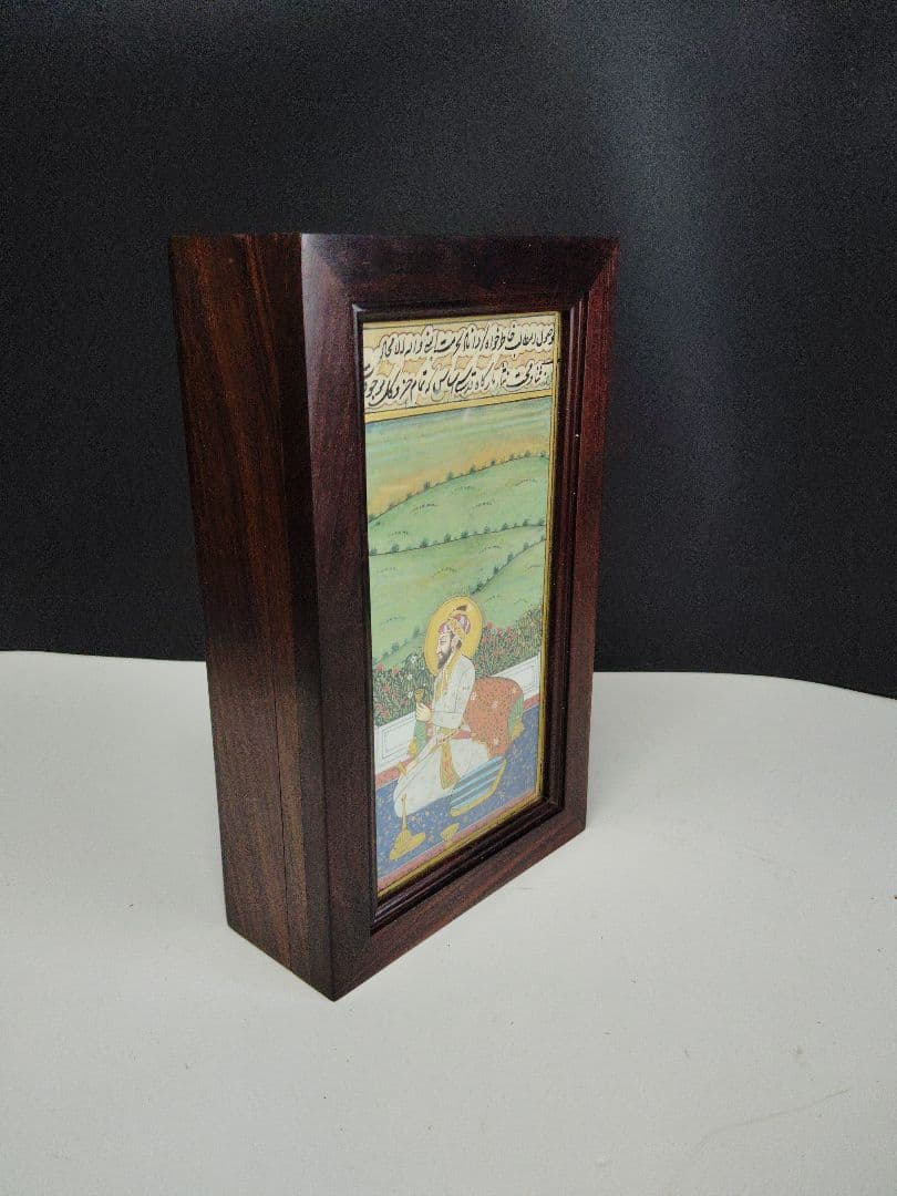 インド細密画 手描き 王侯像 紫檀系ローズウッド 無垢材 文庫箱　ムスリム美術