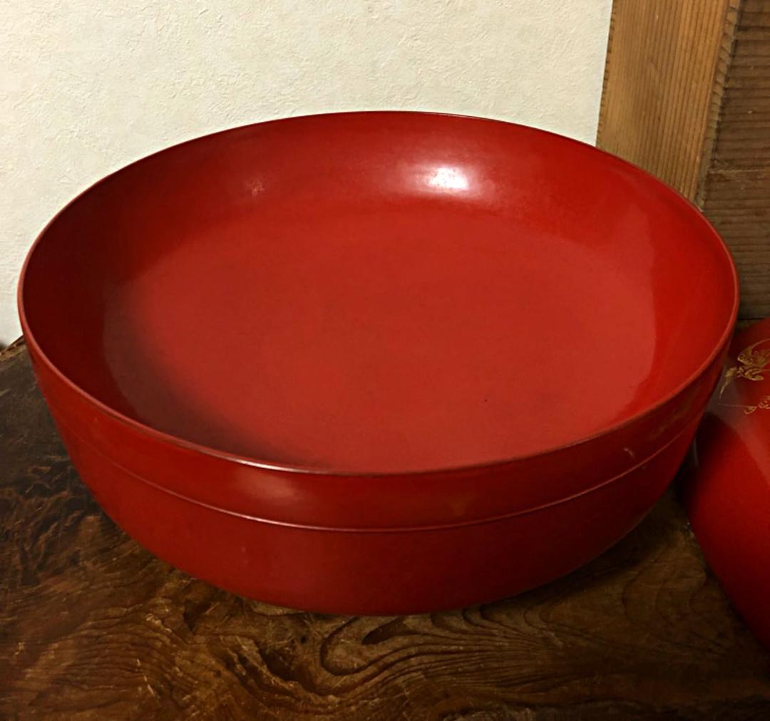 時代 蒔絵 朱塗り 金彩松竹梅 鶴亀 木製菓子鉢 合わせ箱付き