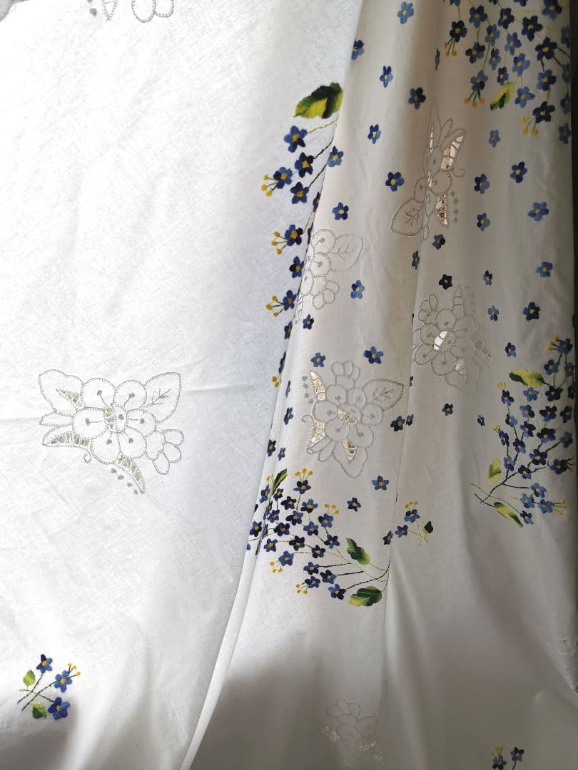 アンティークフランス 青と黄の小花刺繍 忘れな草 オープンカットワーク大判クロス