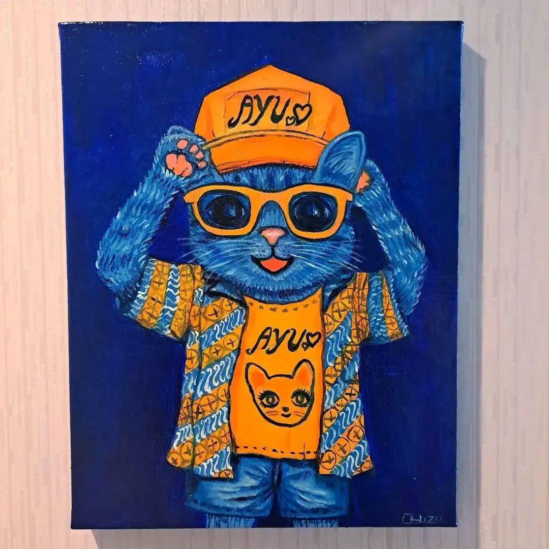 キャンバス油絵　AP♡ AYUちゃんグッズを身に着けた男の子猫