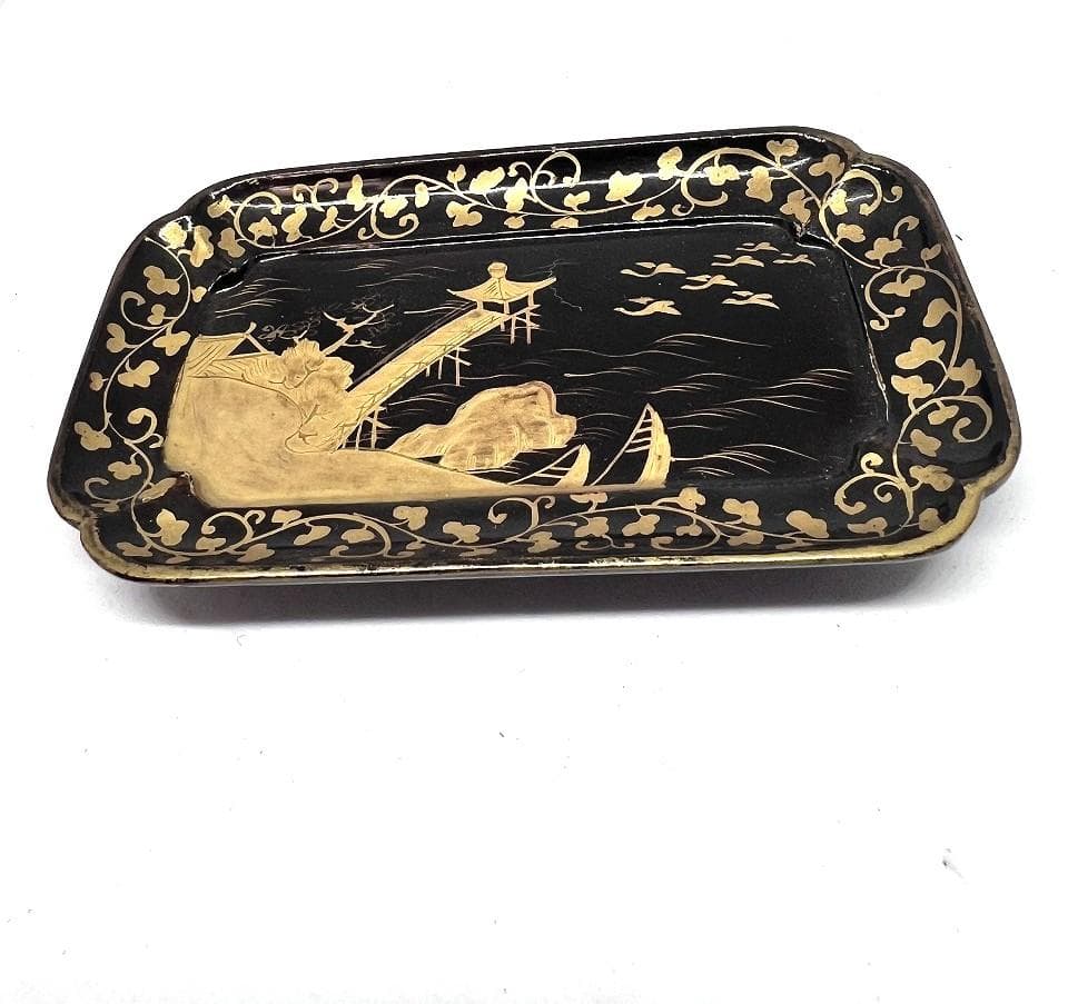 蒔絵山水紋弘盆　江戸期　共箱　漆器 金箔装飾 長方形皿 木箱付き