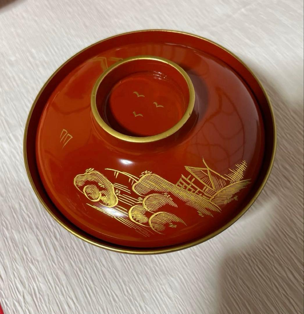 赤い漆器金彩蓋付き椀 5個セット紙箱付き