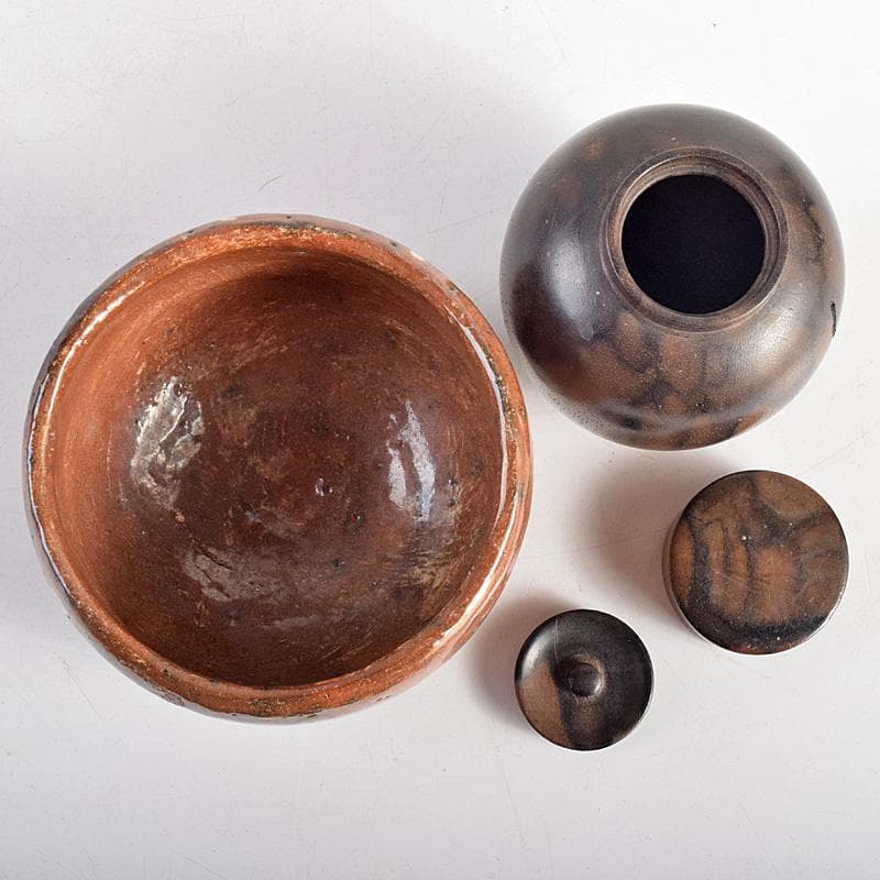 茶道具　時代　桐木地　茶箱　赤楽茶碗　黒柿茶壷など　五点　一式　D　R8789