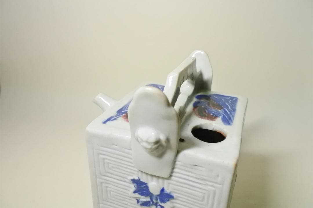 江戸後期　平戸焼　染付　辰砂　角水注　角徳利　持手付　骨董品　アンティーク　i