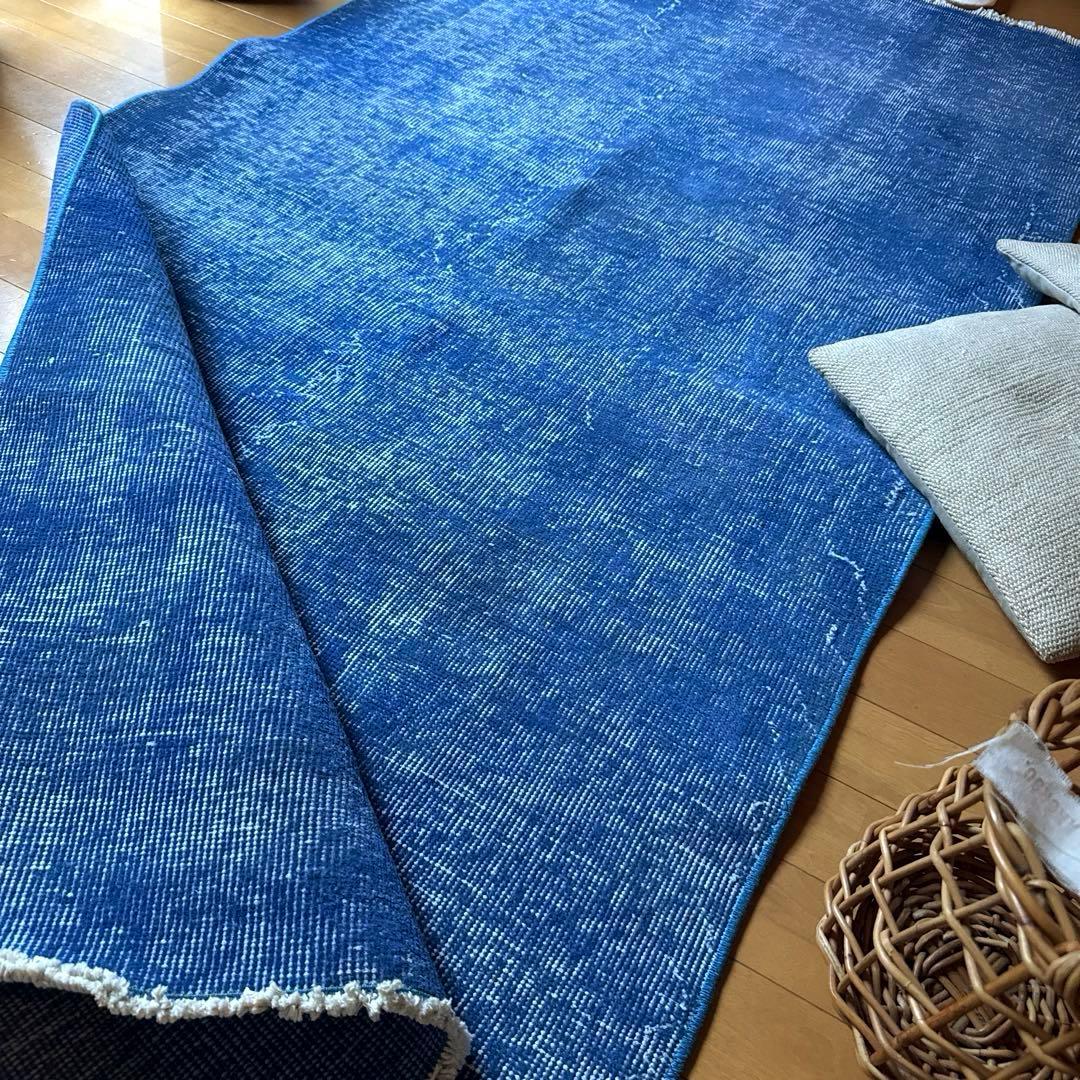 99×212青空色オーバーダイ　ワンカラー　ブルートルコヴィンテージラグ