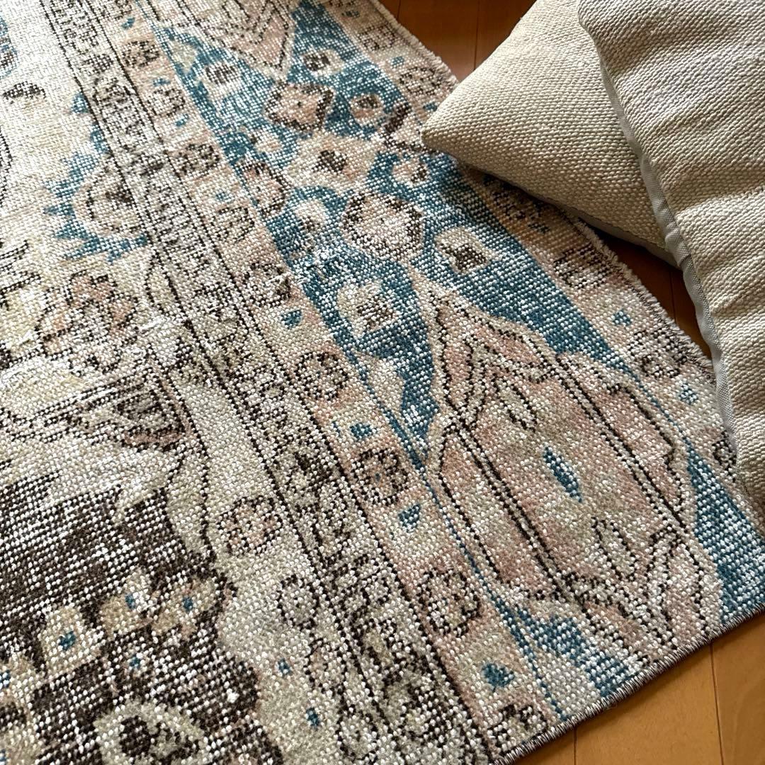 106×141 ターコイズブルー×ブラウン　淡いベージュ　トルコヴィンテージラグ