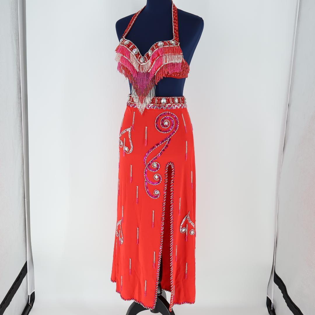 【ベリーダンス用 オリエンタル衣装】レッド スパンコールラメ多数 赤 ビーズ