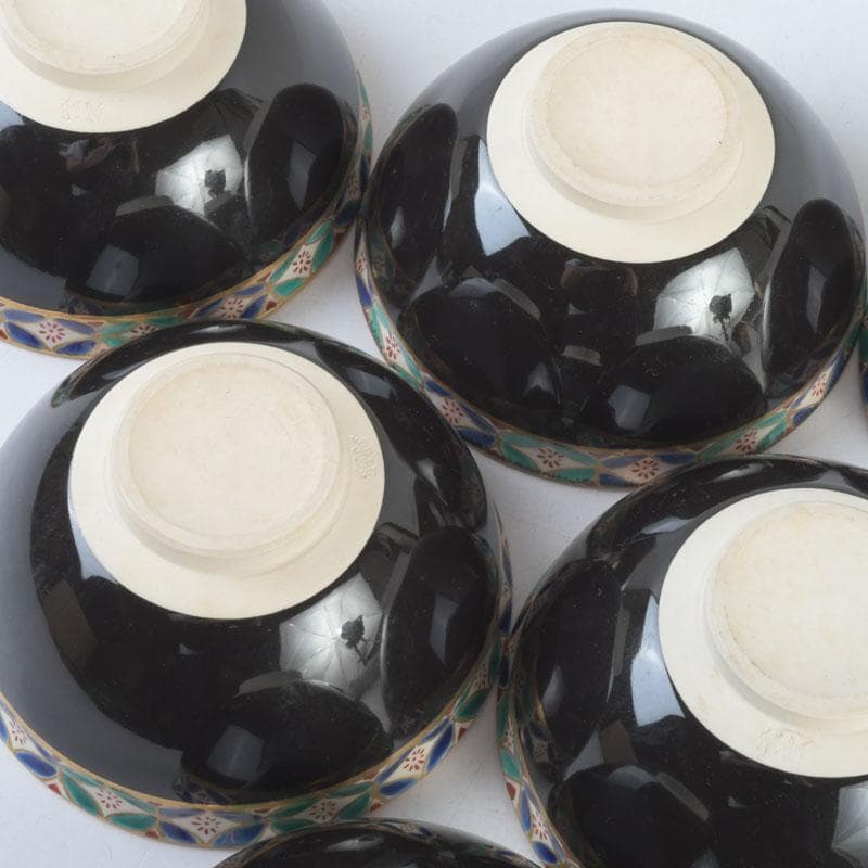 茶道具　京焼　平安　紫雲造　色絵　黒仁清七宝文　数茶碗　六客　V　9471