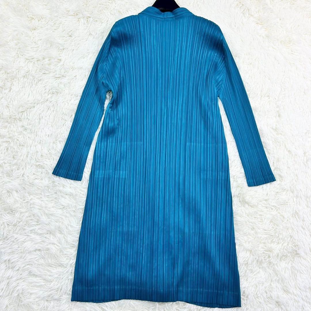 美品　プリーツプリーズ　ロングカーディガン　羽織り　長袖　軽量　ブルー系　3