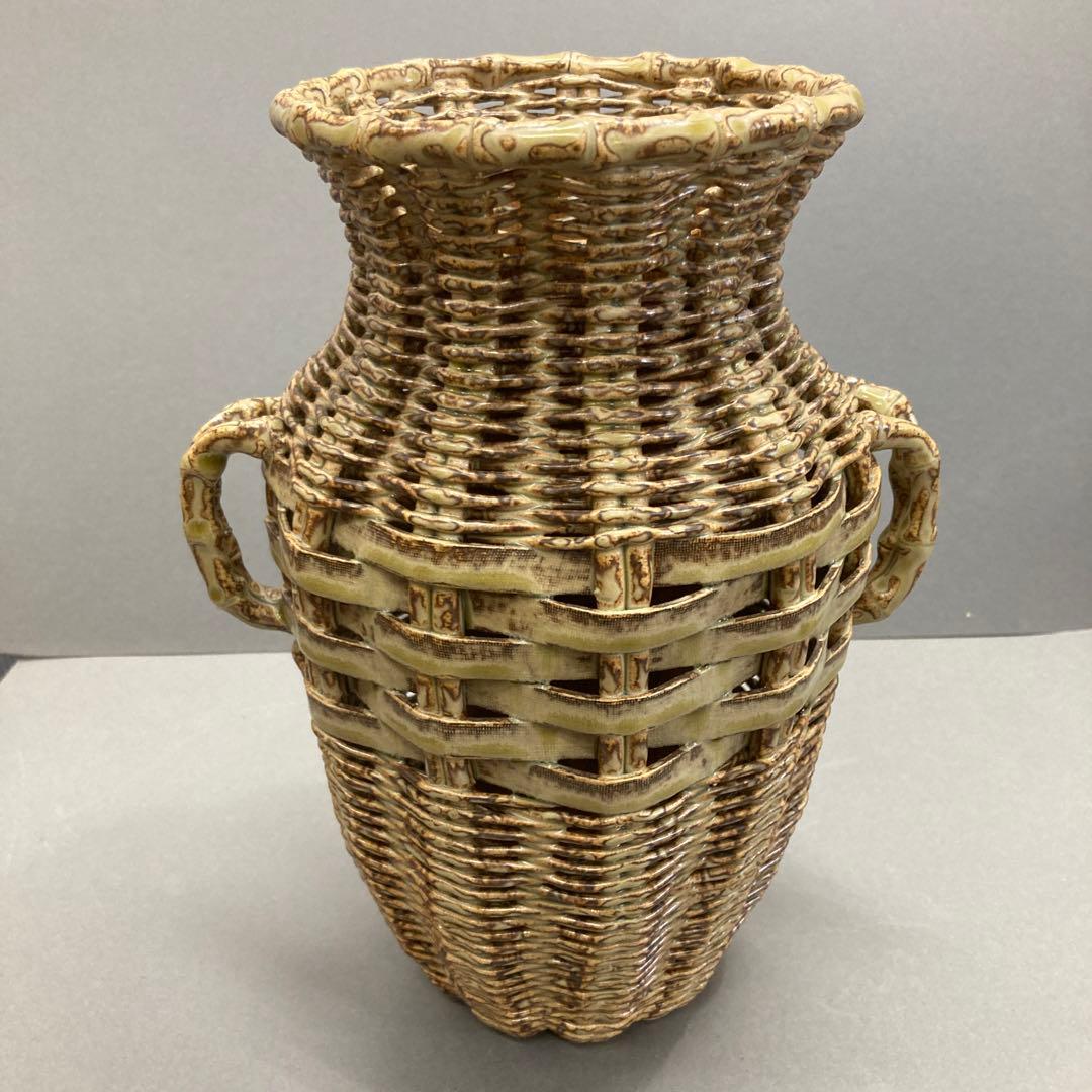 骨董品　華道道具　陶器　籠花入(そっくり)、ふこ山人　造　共箱　S1031KH