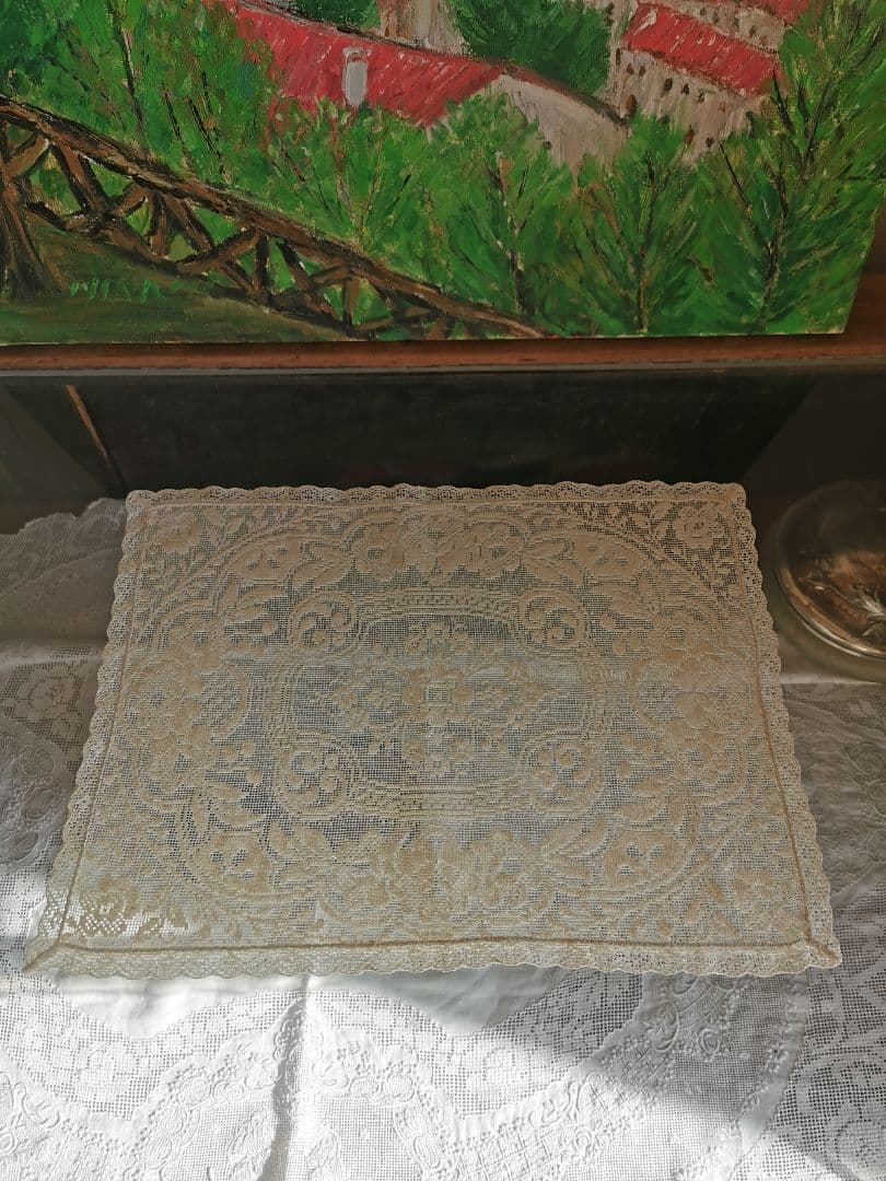 アンティーク 目の細かな◻◽フィレレース レクタングル トレイクロス ローズ紋β