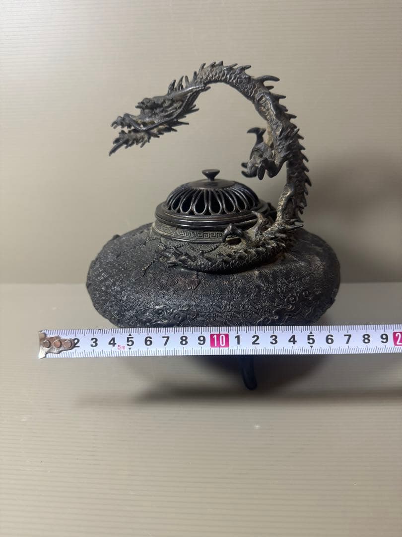 2069 高岡銅器　金工師 米田秀保 造  蝋型鋳銅 立龍提手 瓔珞雲図 香炉