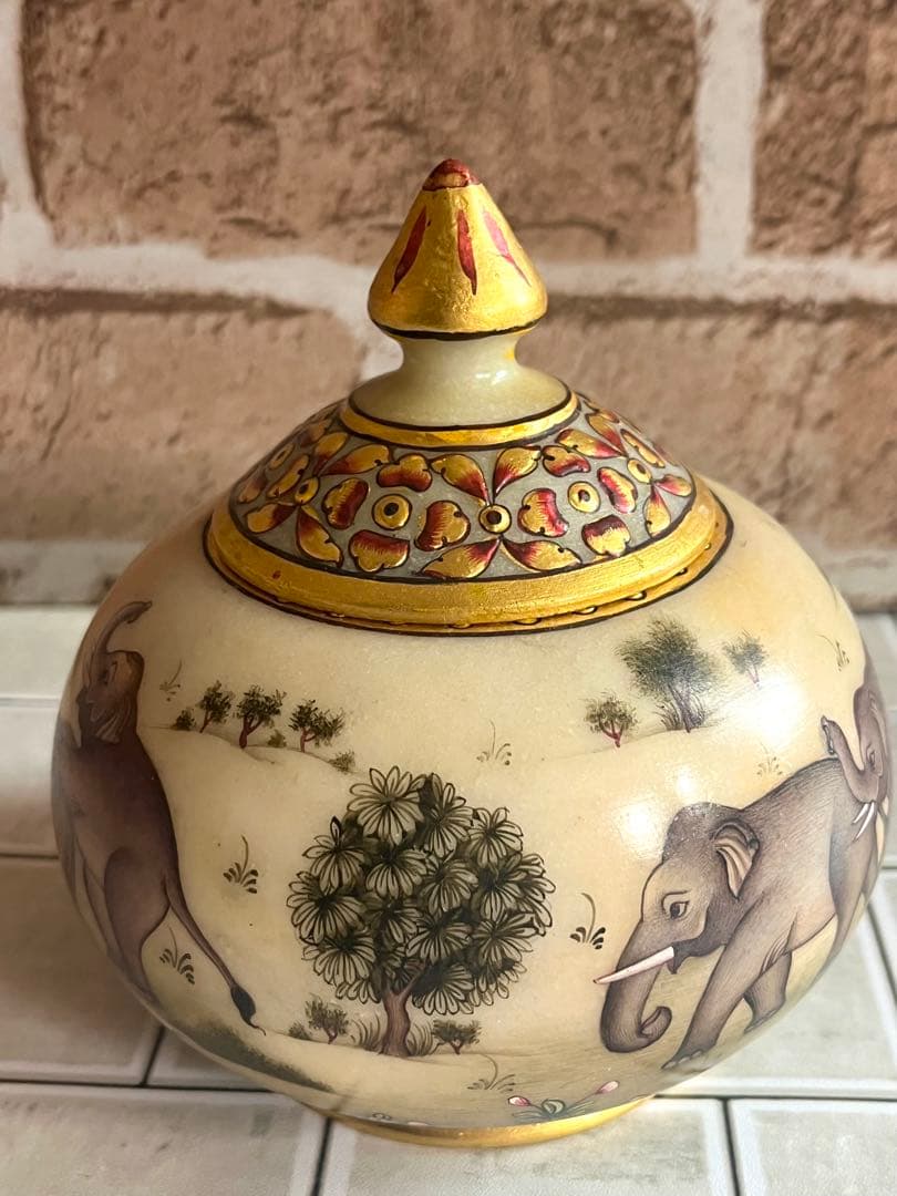 定価25,000円 手描き 象細密図 大理石 小物入 金彩仕上げ マハラジャ様式