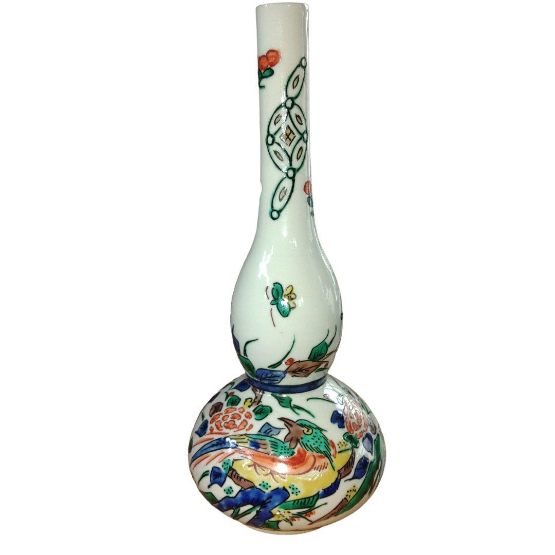 九谷焼　角福　鳥草花文瓢箪形花瓶