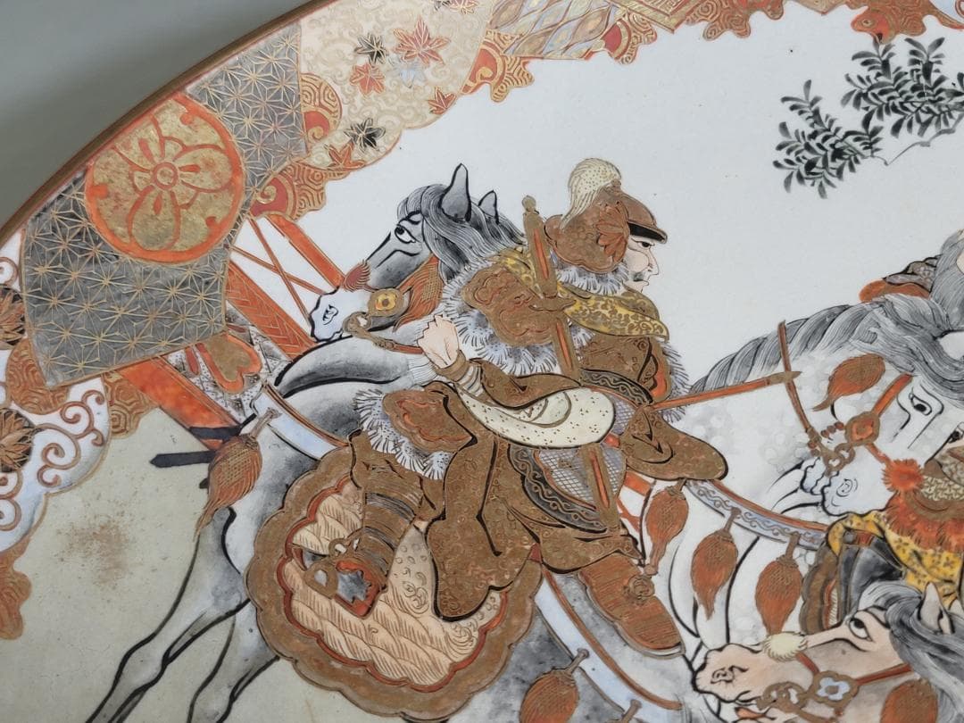 九谷 金彩赤絵 細密 武者絵 一対 幅37 cm 明治時代 DT395