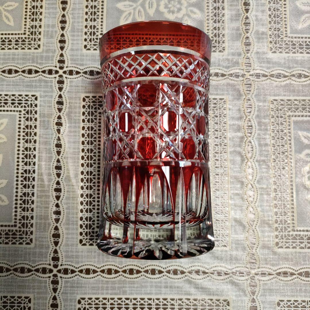 \"未使用\" ヤマザキガラス製　薩摩切子　南蛮赤　矢来　籠目　菊透かし紋様　水割り