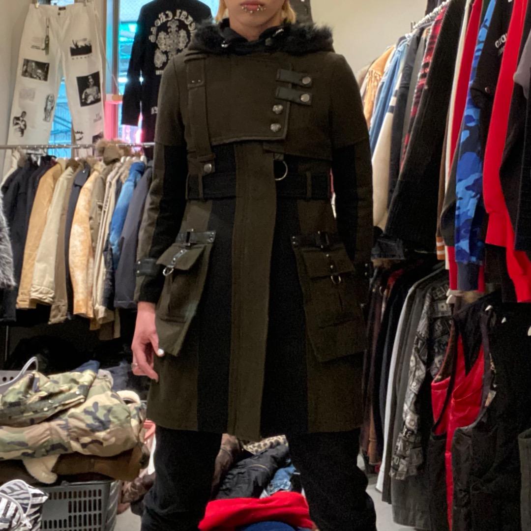 SEXPOT v系 ダブルジップ ベルトギミック ウール フード付きロングコート