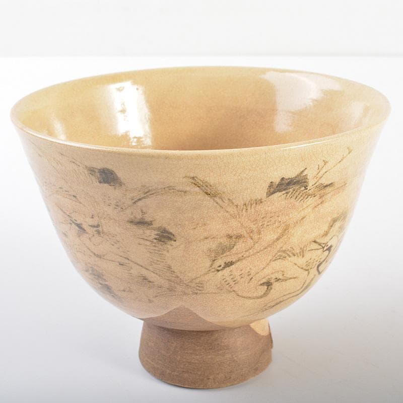 茶道具　京焼　野々村仁清造　鶴図　茶碗　表千家十三代即中斎極箱　D　R6792