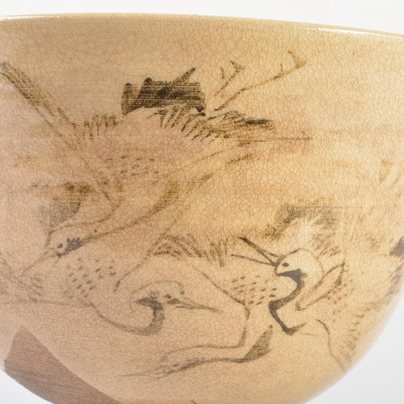 茶道具　京焼　野々村仁清造　鶴図　茶碗　表千家十三代即中斎極箱　D　R6792