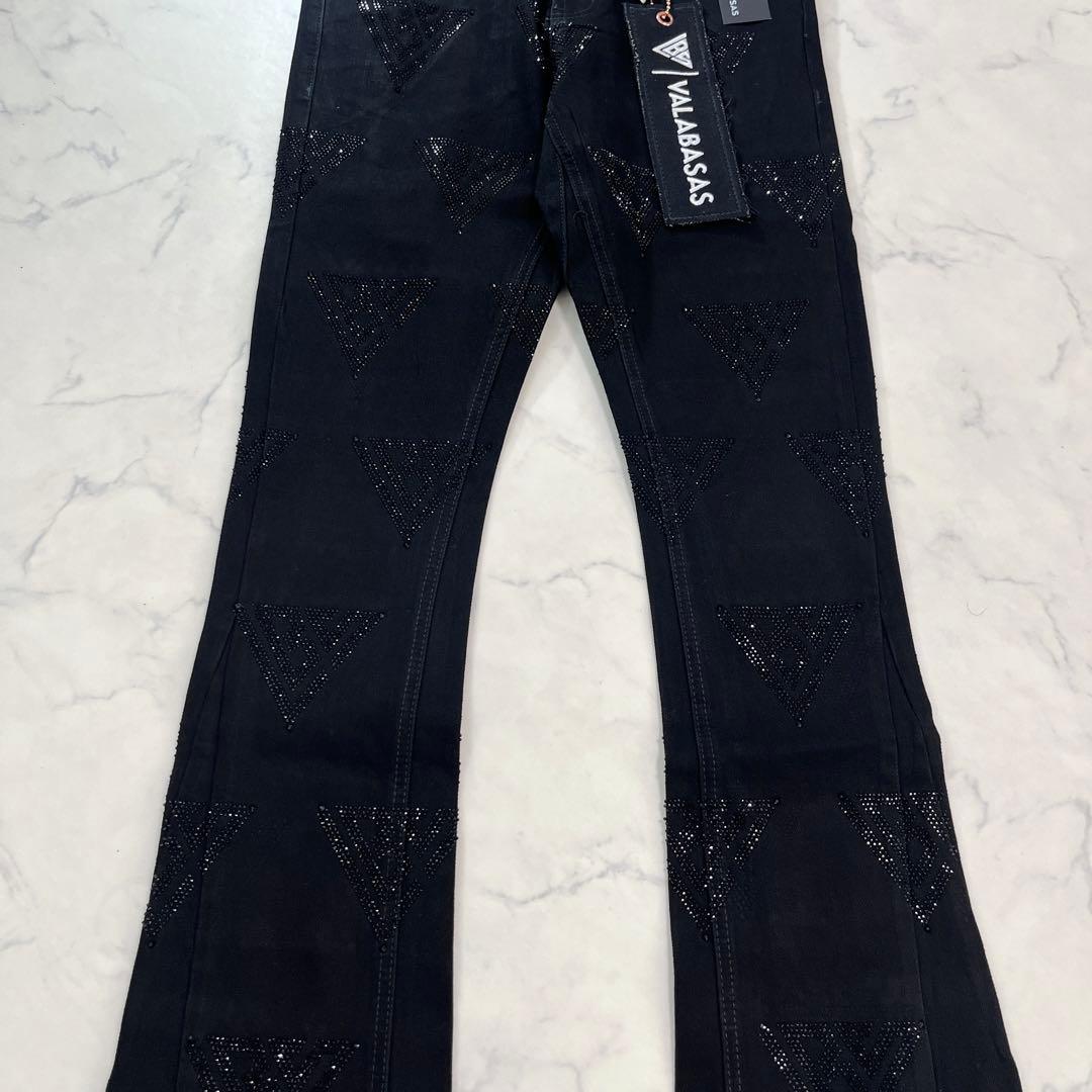 新品バラバサスvalabasas ラインストーンスキニーフレアデニム ブラックM