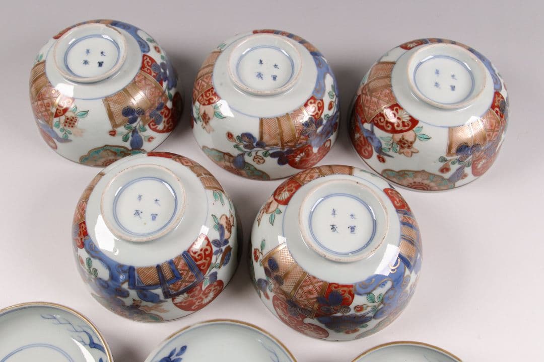 古伊万里 色絵蓋茶碗 五客 太宣年成 花鳥 錦手 染錦 赤絵 金彩 CK61