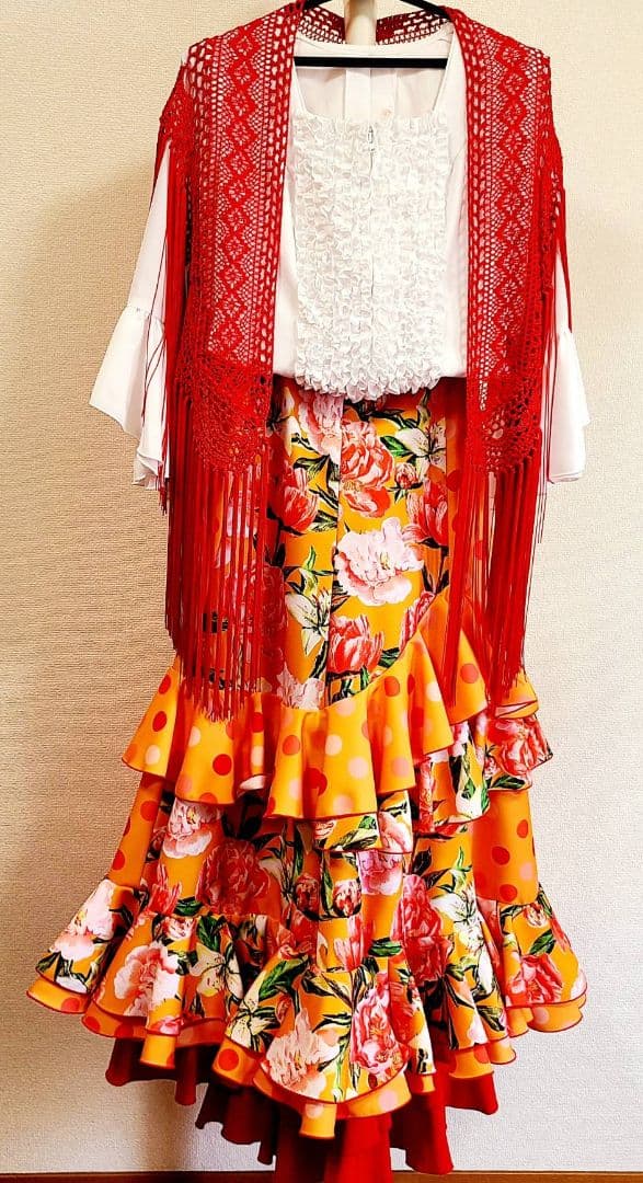 フラメンコスカート オレンジ 花柄 ドット