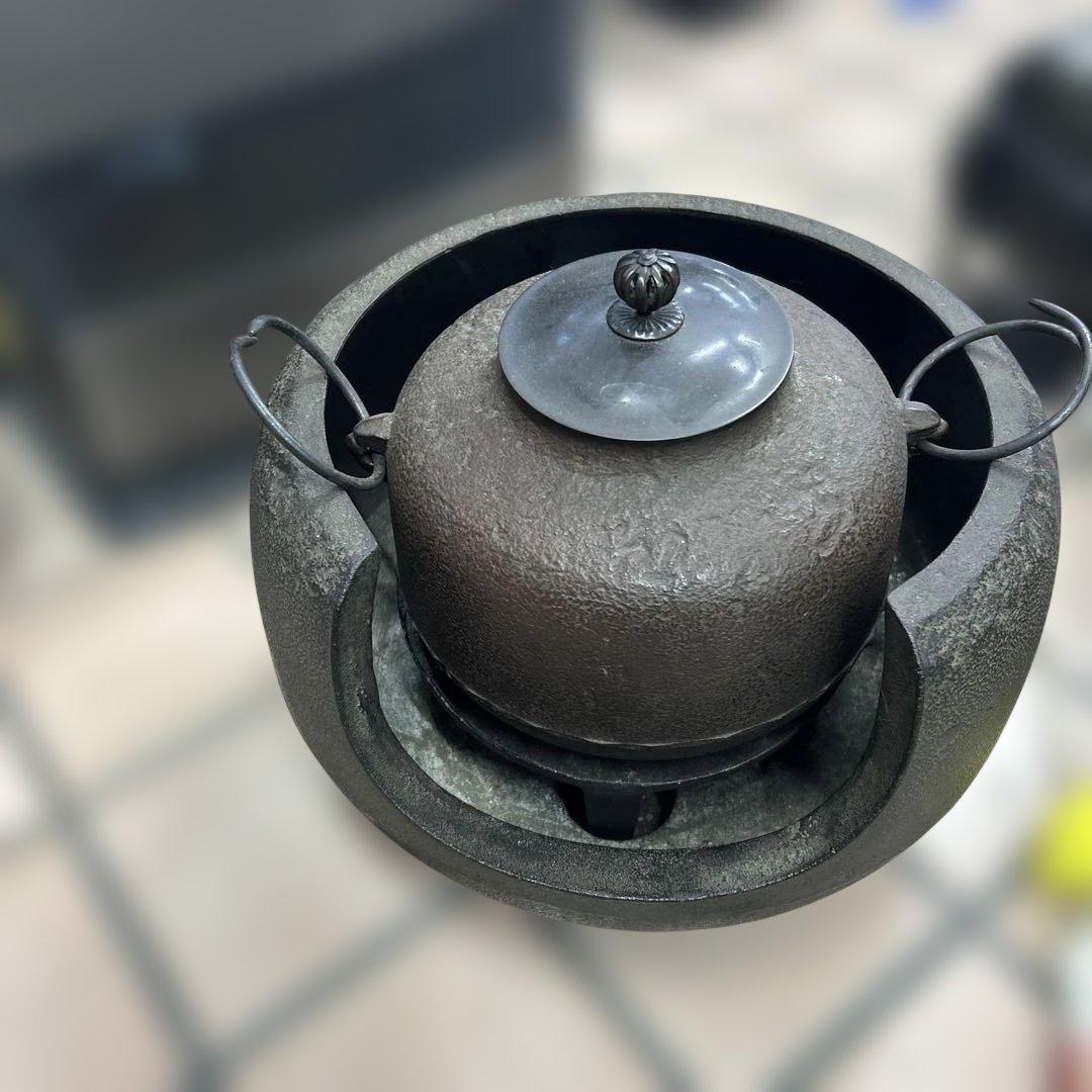 風炉釜茶釜セット 茶道具鉄釜 昭和 レトロ 骨董品　アンティーク