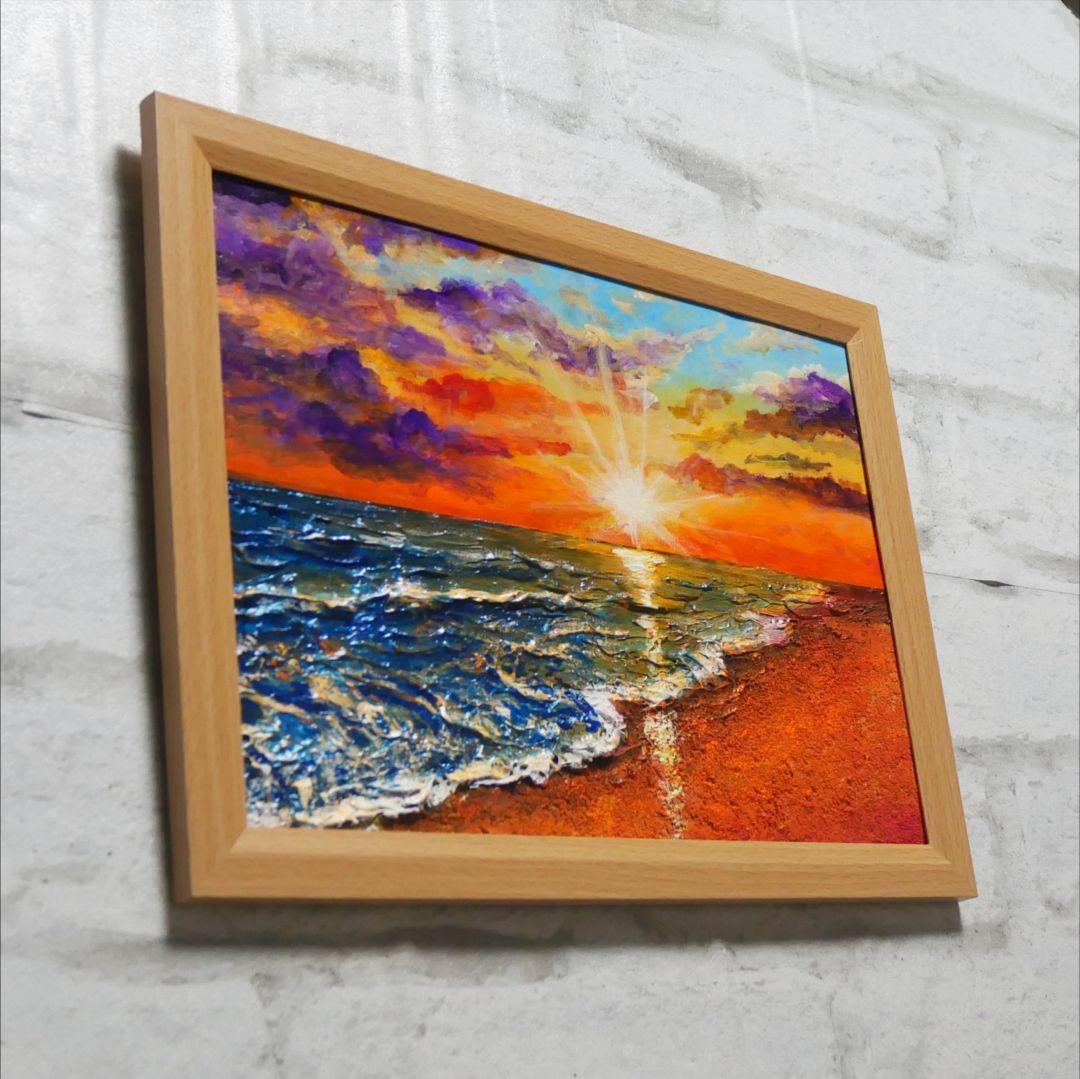 油絵 油彩 油彩画 絵 絵画 【夕陽に染まる海】A4