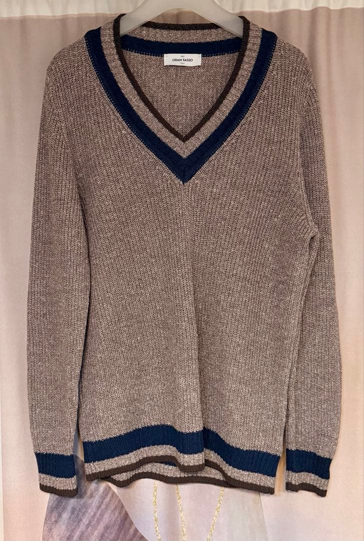 グランサッソ ローゲージ コットンリネン Vネック チルデンニット ブラウン