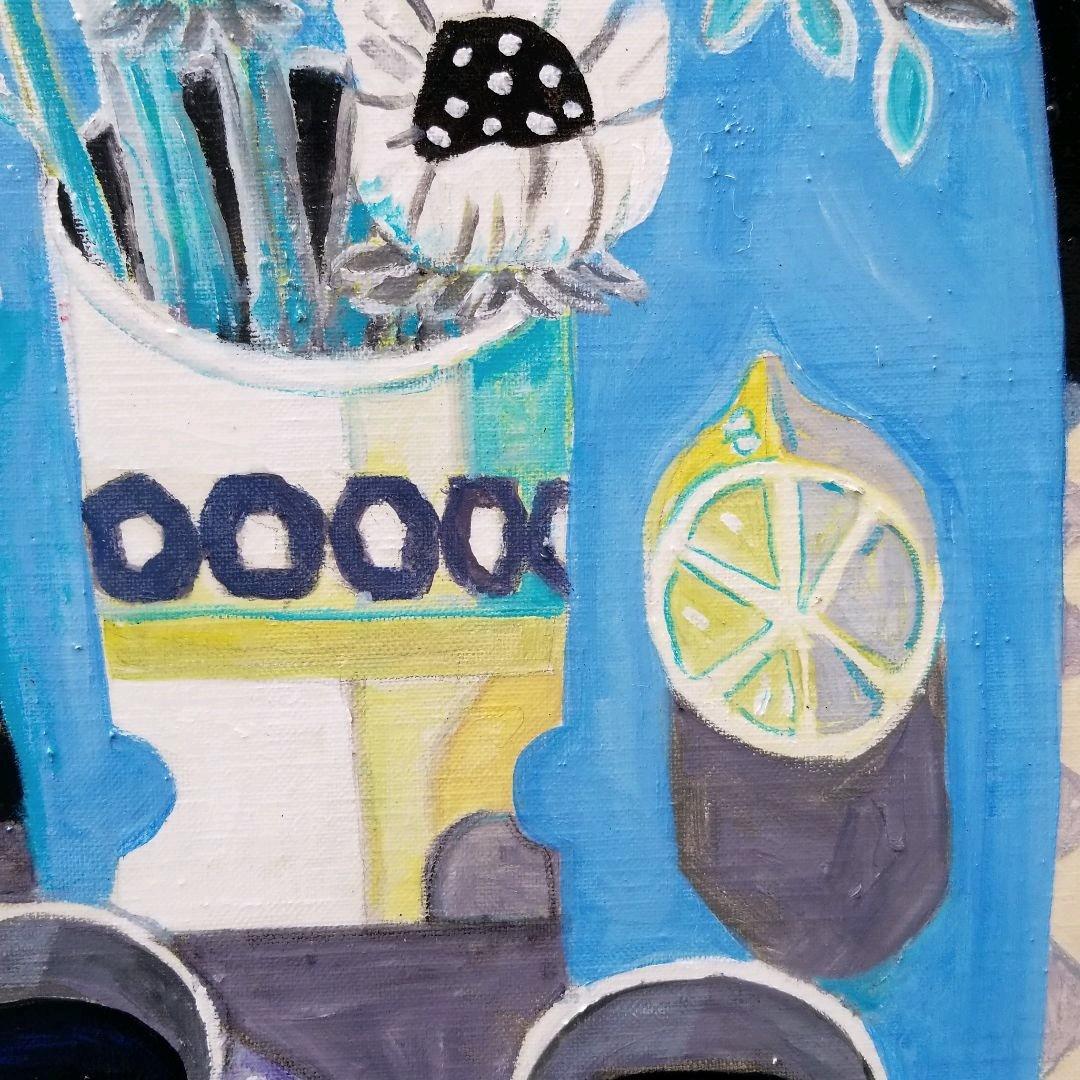 キャンバス油絵　よっこ　クールな配色のテーブル　大きいキャンバス縦45.5