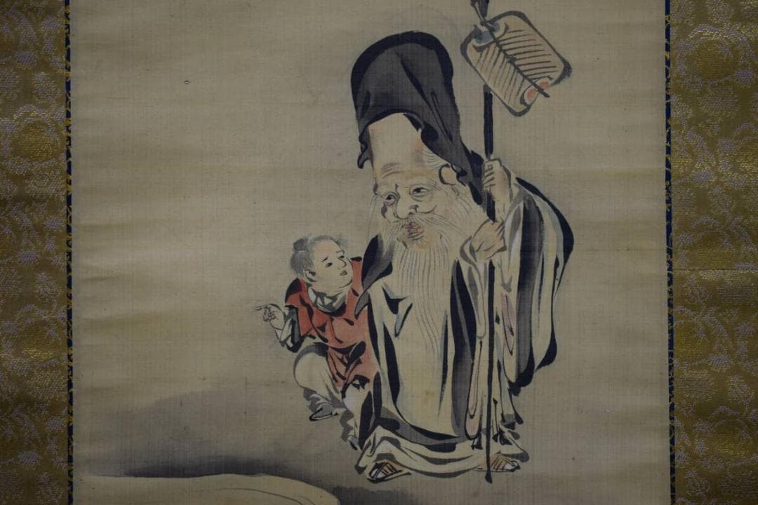 真作/狩野探淵/寿老人唐子図/桐箱二重箱付/布袋屋掛軸HD-884
