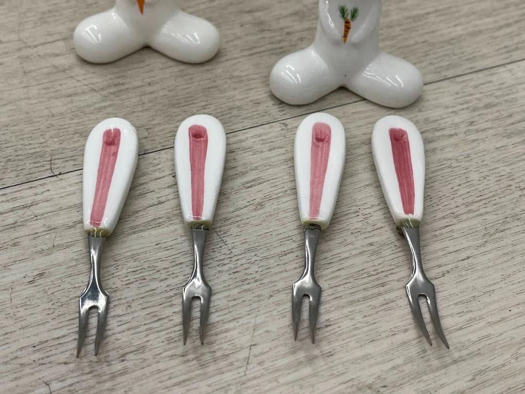 昭和レトロ 内藤ルネ うさぎ フォークスタンド 陶器製 2点 RUNE