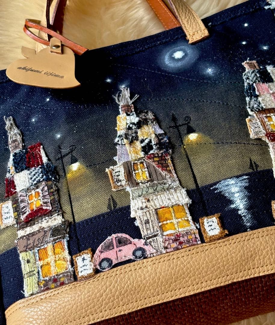 (手づくり)\"海の見える街\"ショルダートートバッグ刺繍アップリケ