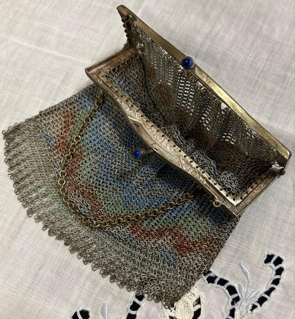 ヨーロッパ製 Antique メタルチェーンメッシュパース エナメル装飾