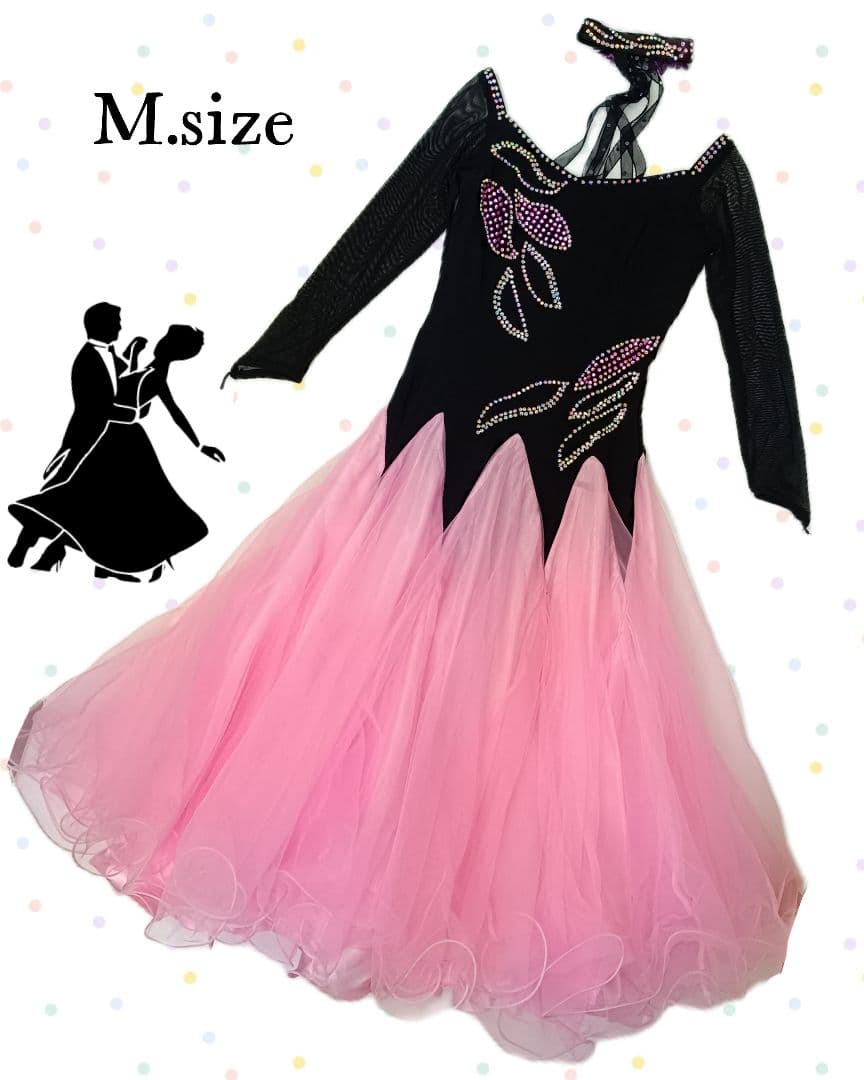 【ステージ衣装】ラインストーンフリルドレス黒とピンク社交ダンス女性M寸d66