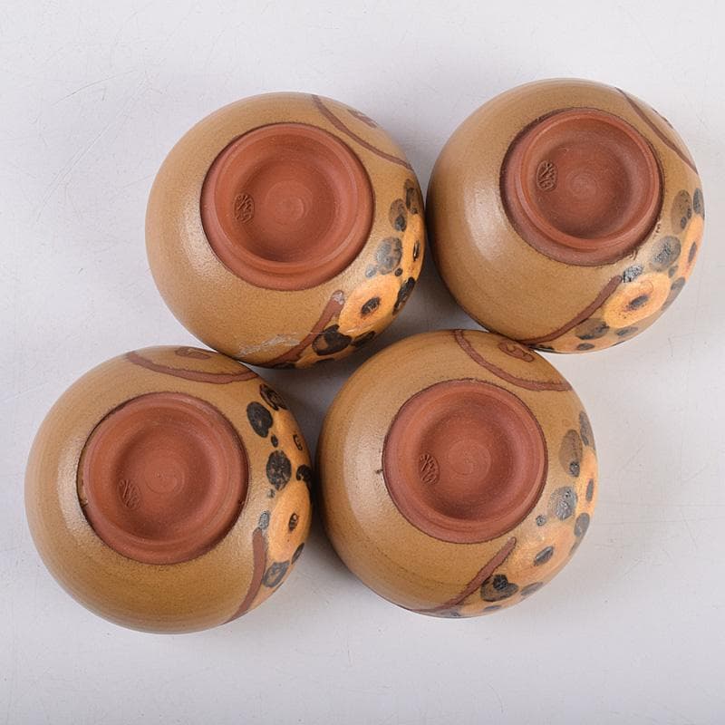 佐渡無名異焼　常山焼　三浦常山造　茶葉釉椿画　茶器揃　共箱　M　R9003