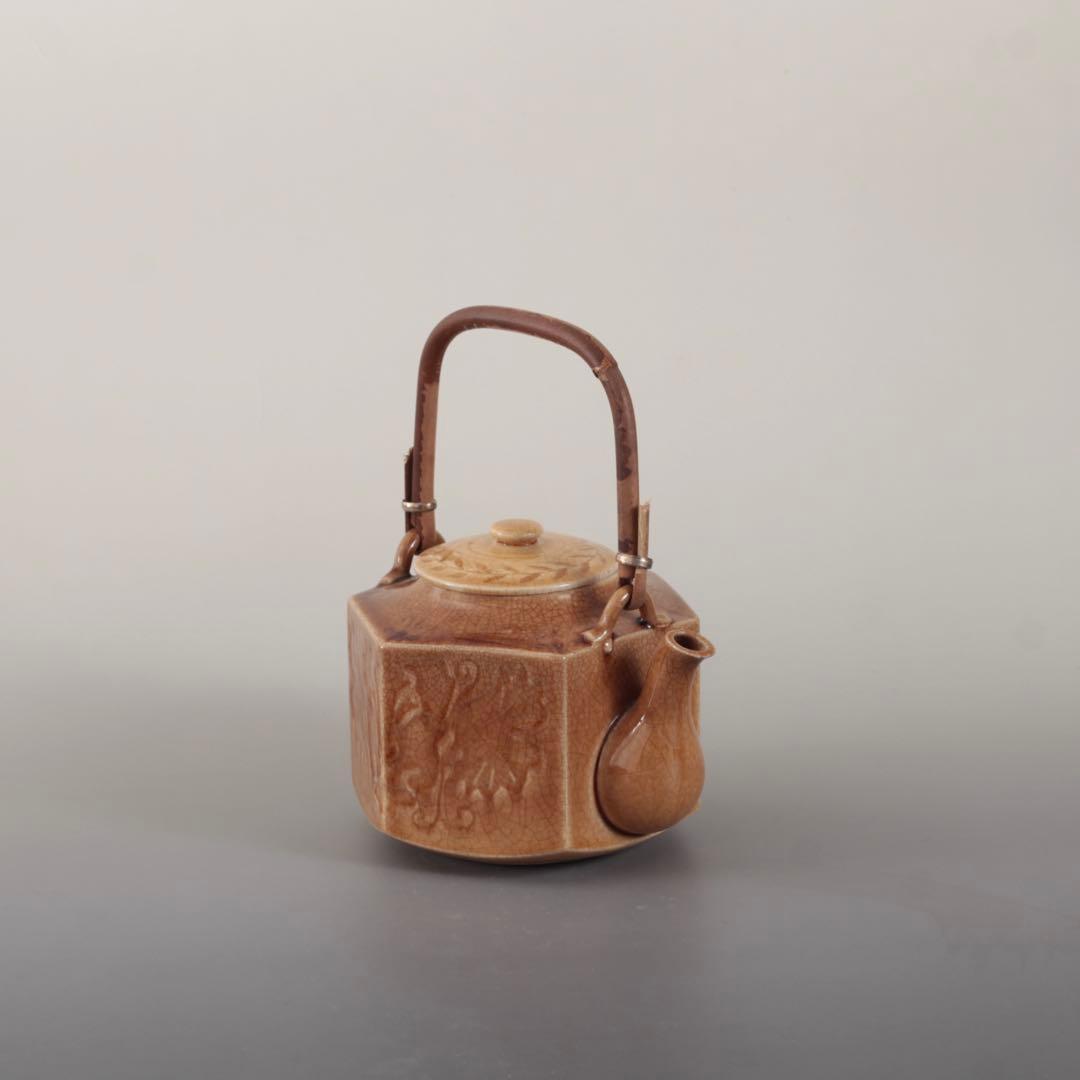 珉平焼 面取 飴釉 六角 急須 古道具 アンティーク 水注