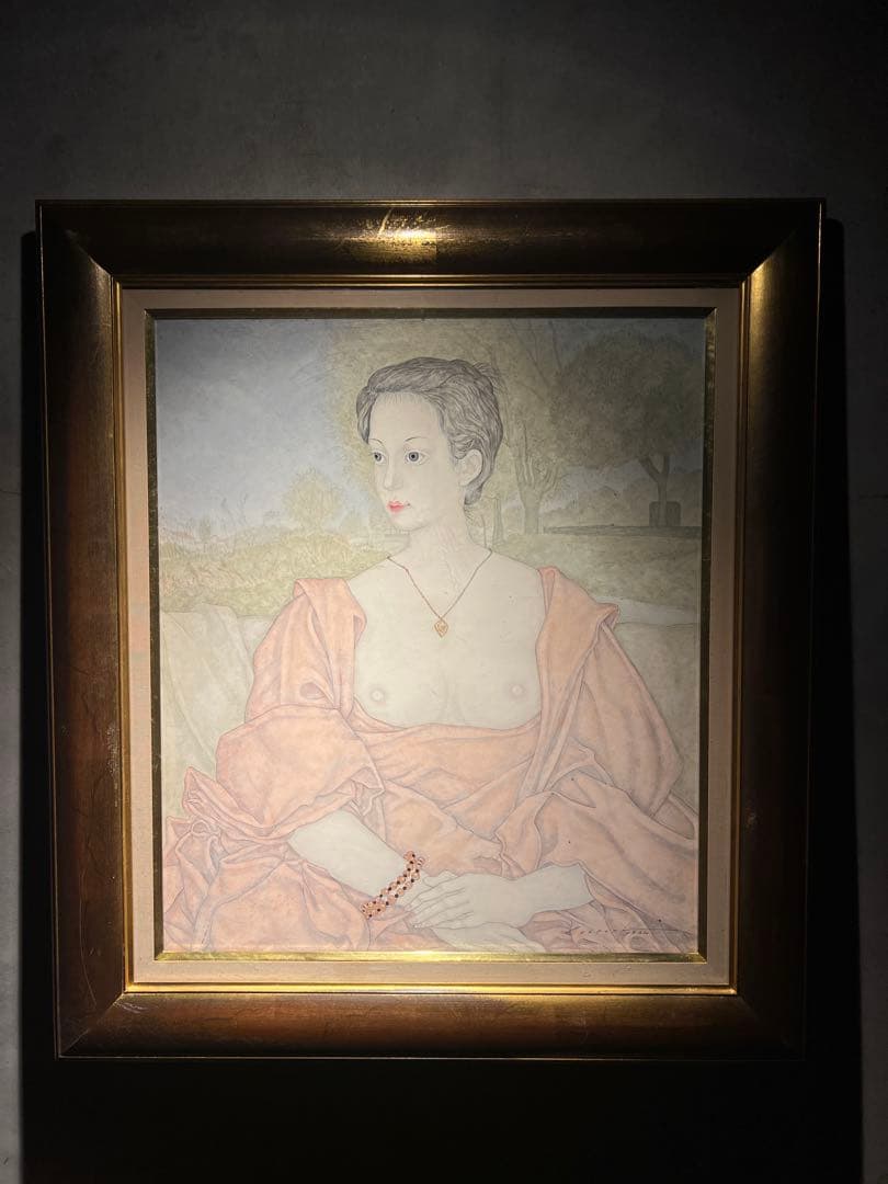 服部和三郎【アルノ河の河原と女】肉筆画