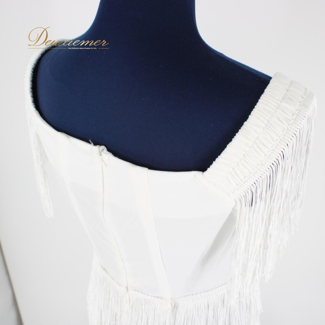 【美品 社交ダンス衣装】ワンピース ドレス ラテン 白 ホワイト フリンジ 無地