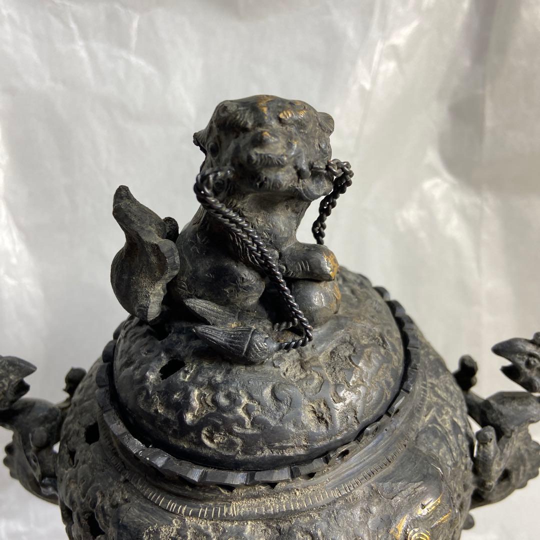 高岡銅器 金属工芸 三足 唐獅子香炉 仏教 透かし彫り 仏具 香道具