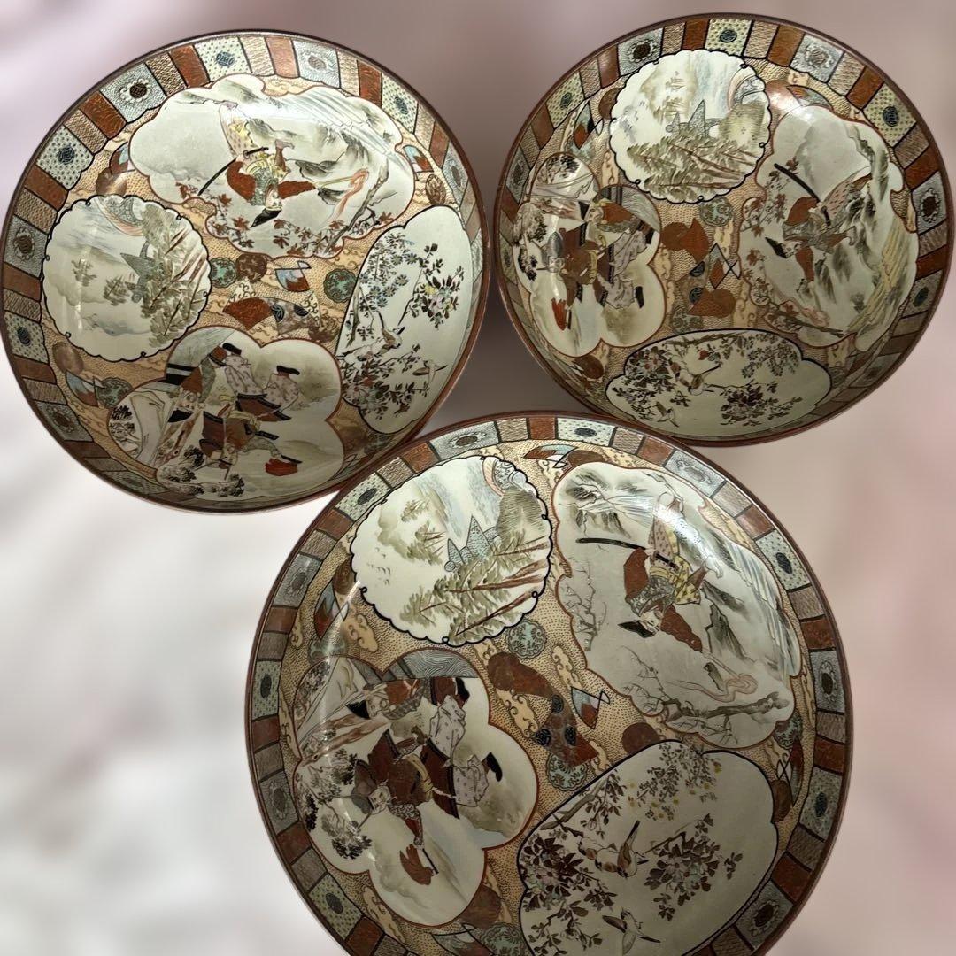 骨董品　武者絵九谷焼　三つ揃鉢　アンティーク大皿30cm