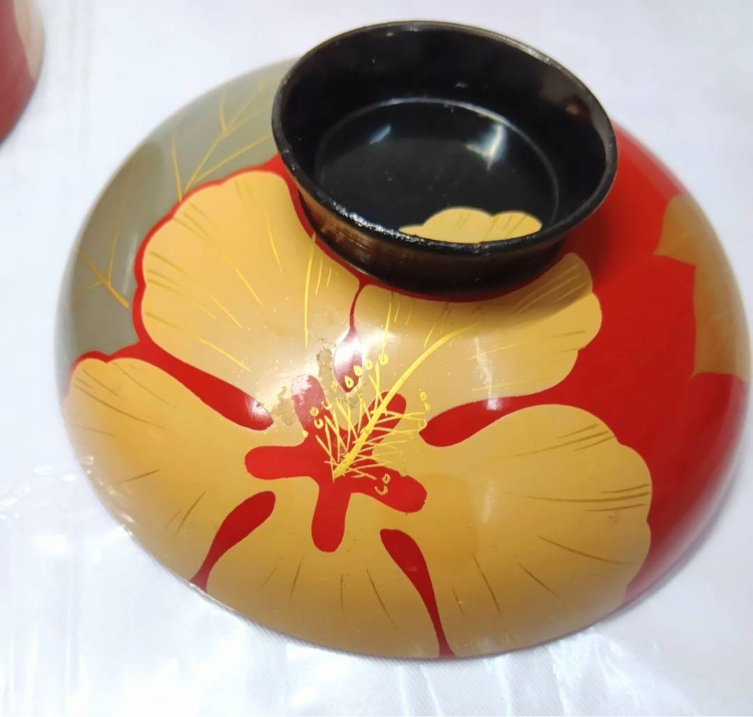 骨董 能登輪島塗 朱漆内黒 芙蓉花蒔絵 お椀 5客 レトロ アンティーク